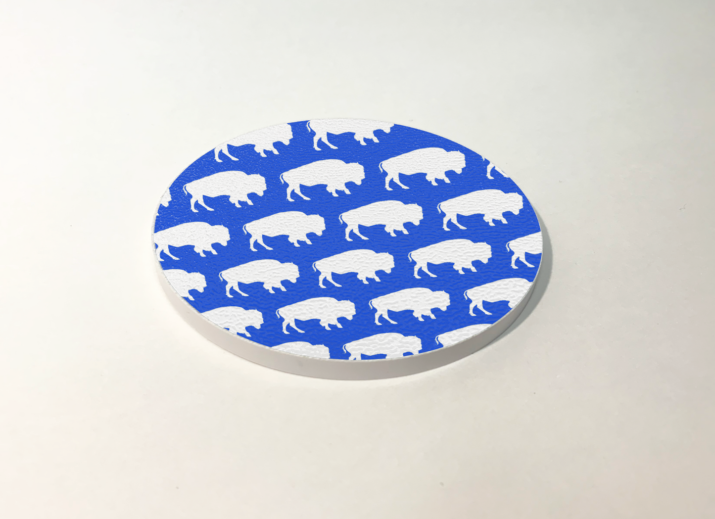 Blue and White Buffalo Pattern Circle Coaster Designed and Handcrafted in Buffalo NY