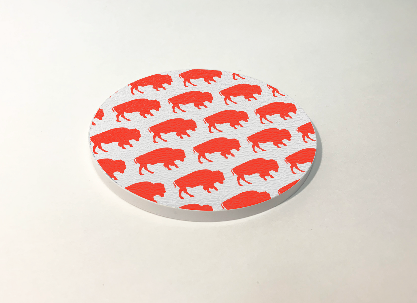 White and Red Buffalo Pattern Circle Plastic Coaster Designed and Handcrafted in Buffalo NY