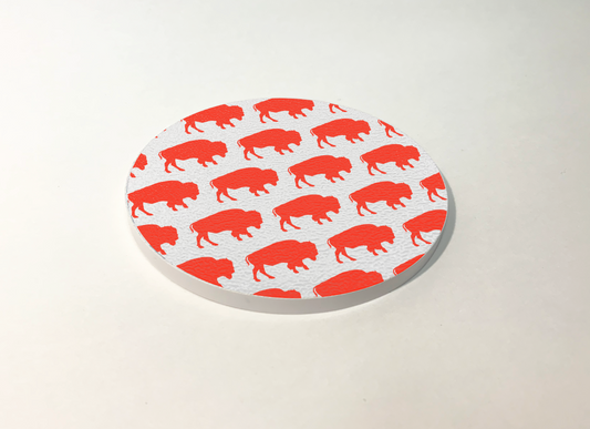 White and Red Buffalo Pattern Circle Plastic Coaster Designed and Handcrafted in Buffalo NY