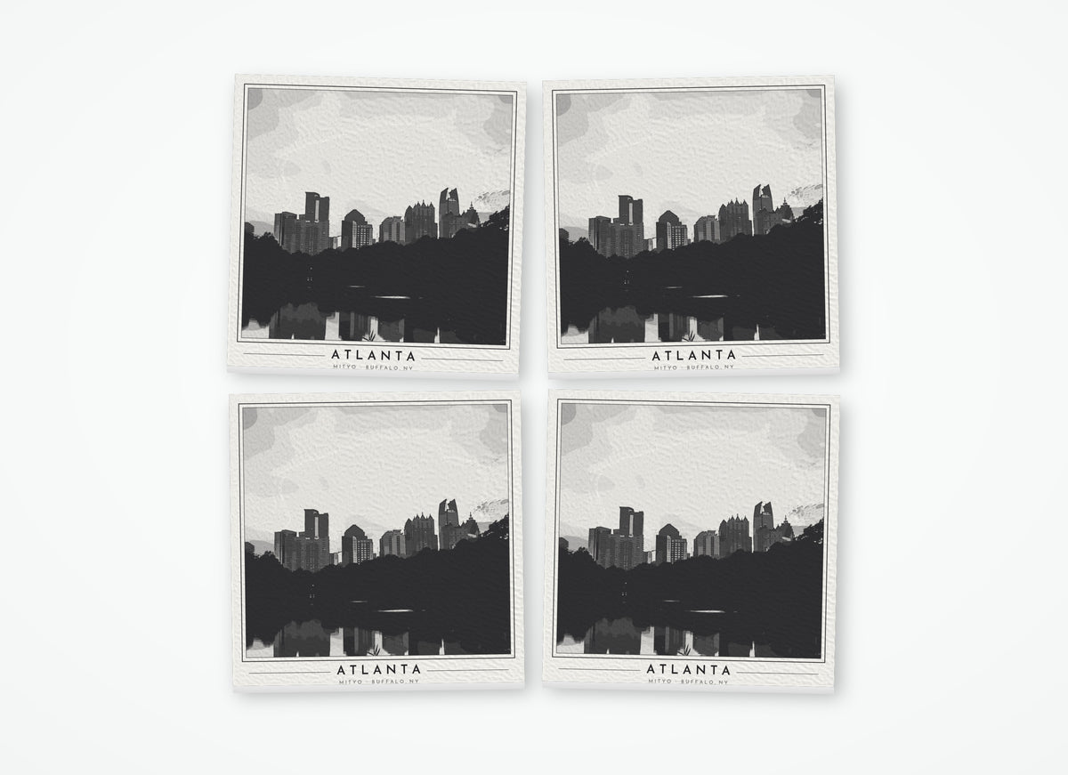 Set of 4 poster-style coasters of the Atlanta skyline from Piedmont Park, black-and-white