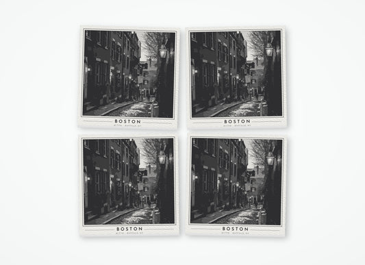 Set of 4 poster-style coasters of Acorn Street on Beacon Hill in Boston, black-and-white