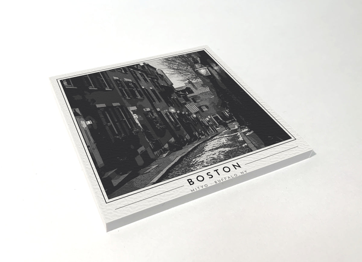 Square poster-style coaster of Acorn Street on Beacon Hill in Boston, black-and-white