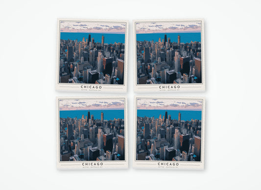 Set of 4 poster-style coasters of the Chicago skyline on the Lake Michigan lakefront, full-color