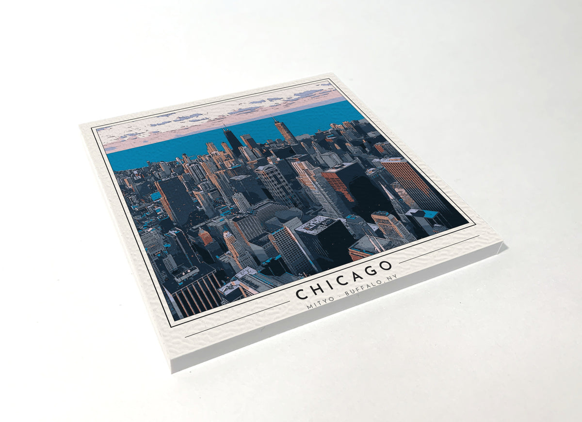 Square poster-style coaster of the Chicago skyline on the Lake Michigan lakefront, full-color