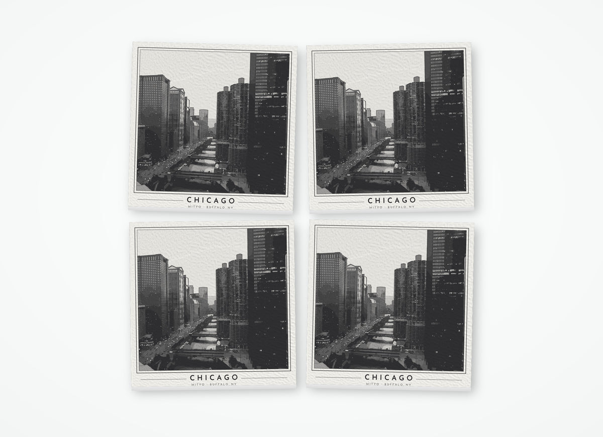 Set of 4 poster-style coasters of the Chicago River and downtown towers, black-and-white