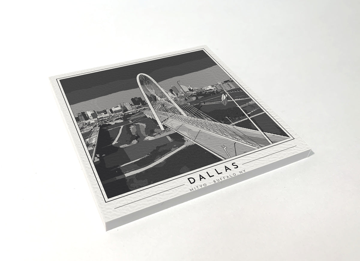 Square poster-style coaster of the Margaret Hunt Hill Bridge in Dallas, black-and-white