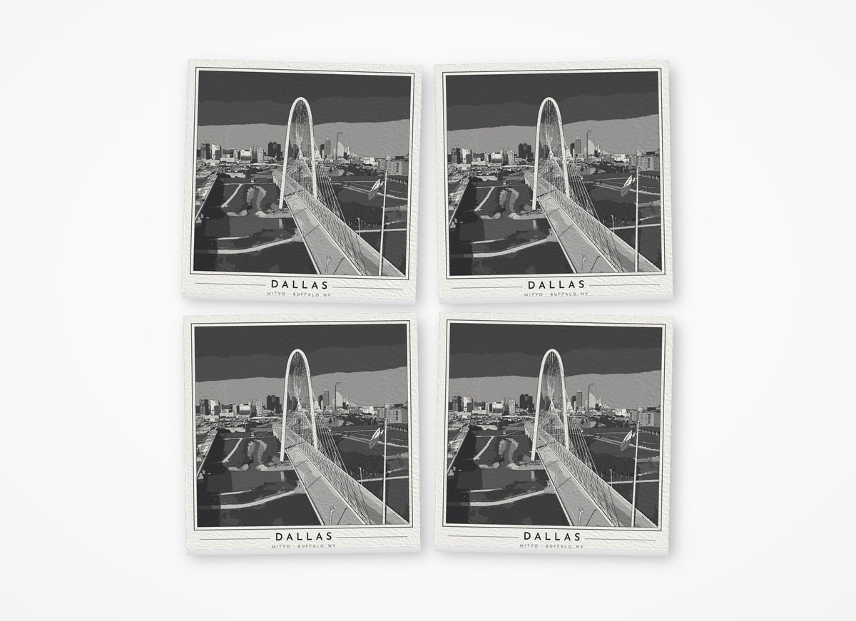 Set of 4 poster-style coasters of the Margaret Hunt Hill Bridge in Dallas, black-and-white