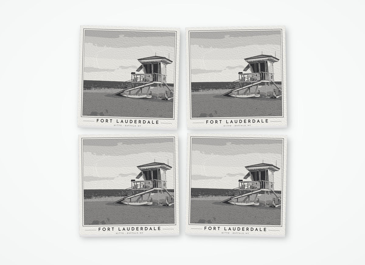 Set of 4 poster-style coasters of a lifeguard tower on Fort Lauderdale Beach, black-and-white