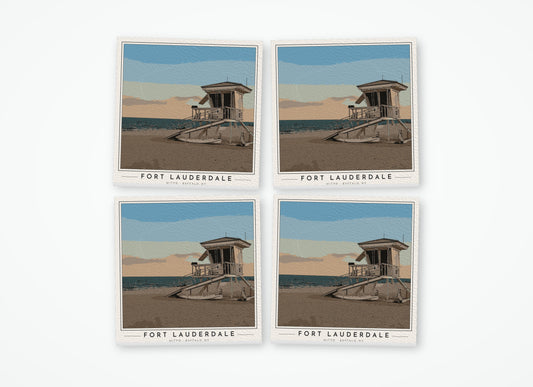 Set of 4 poster-style coasters of a lifeguard tower on Fort Lauderdale Beach, full-color