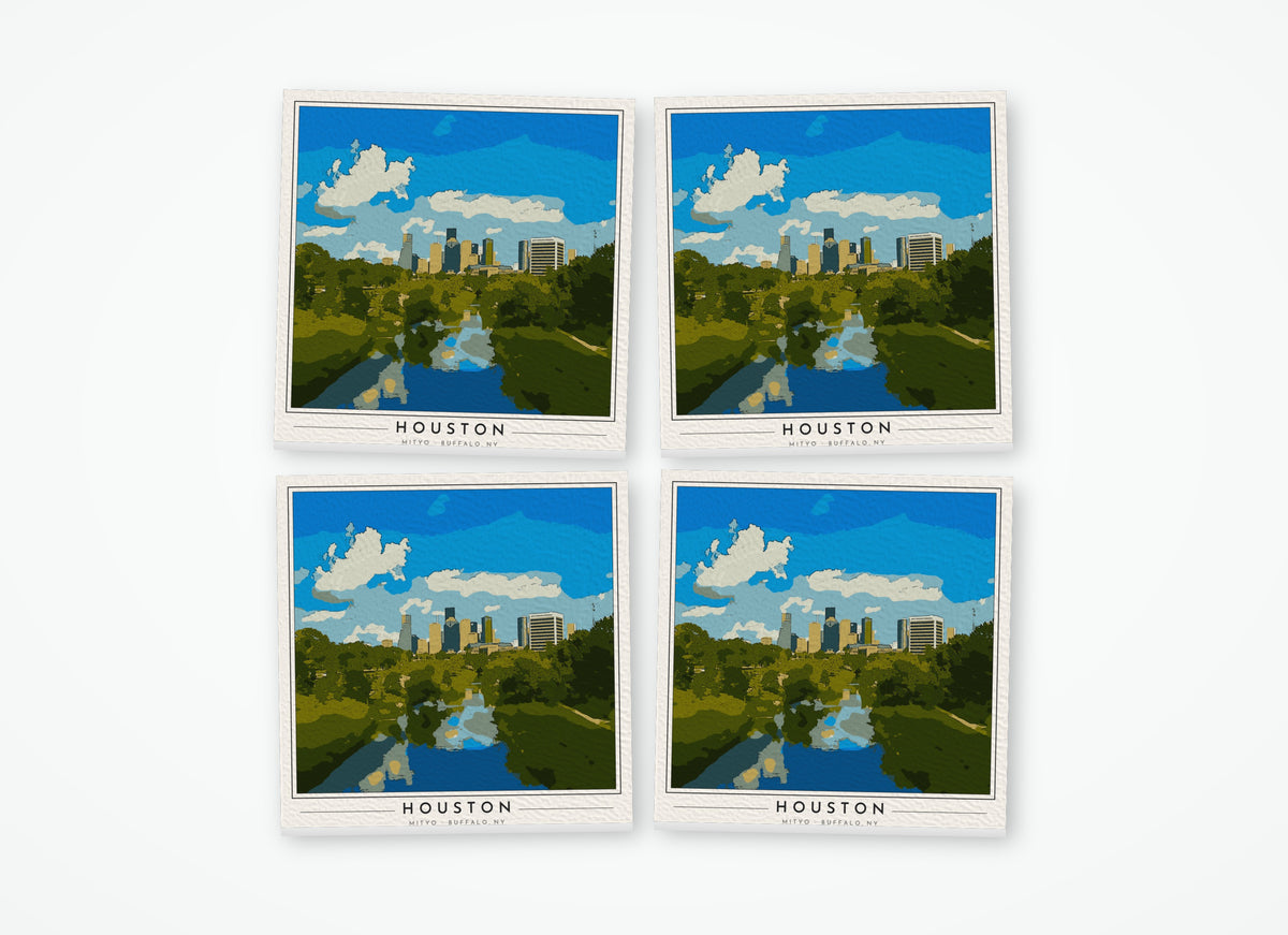 Set of 4 poster-style coasters of Buffalo Bayou Park in Houston, full-color