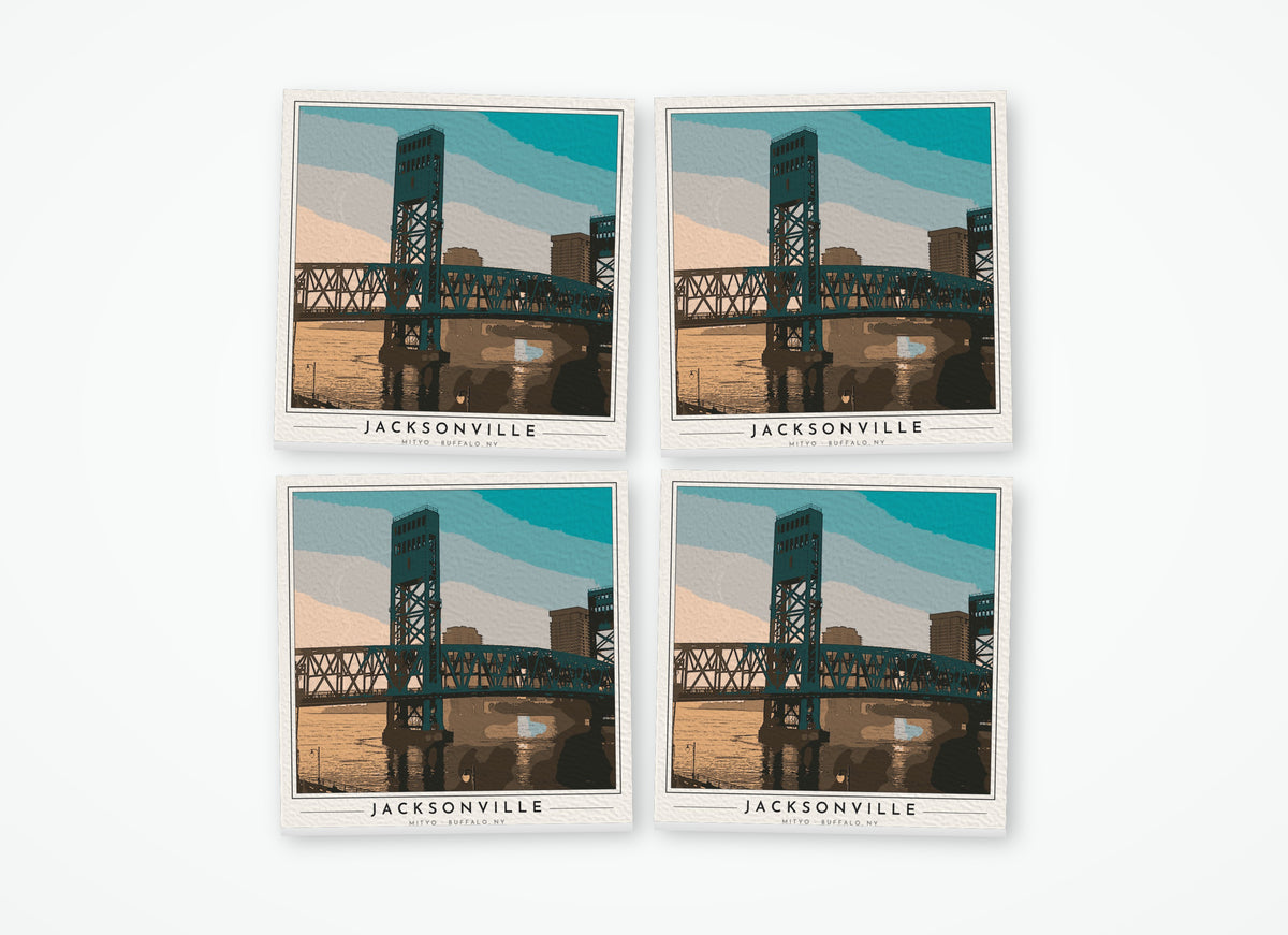Set of 4 poster-style coasters of the Main Street lift bridge over the St. Johns River in Jacksonville, full-color