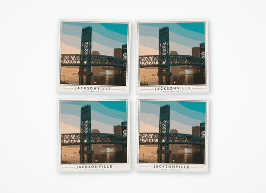 Set of 4 poster-style coasters of the Main Street lift bridge over the St. Johns River in Jacksonville, full-color