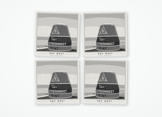 Set of 4 poster-style coasters of the striped Southernmost Point buoy in Key West, black-and-white