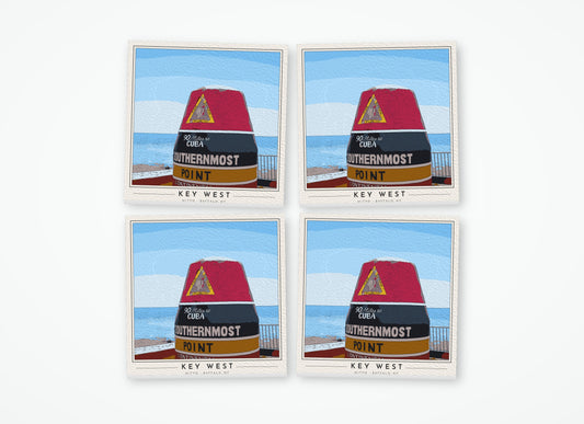 Set of 4 poster-style coasters of the striped Southernmost Point buoy in Key West, full-color