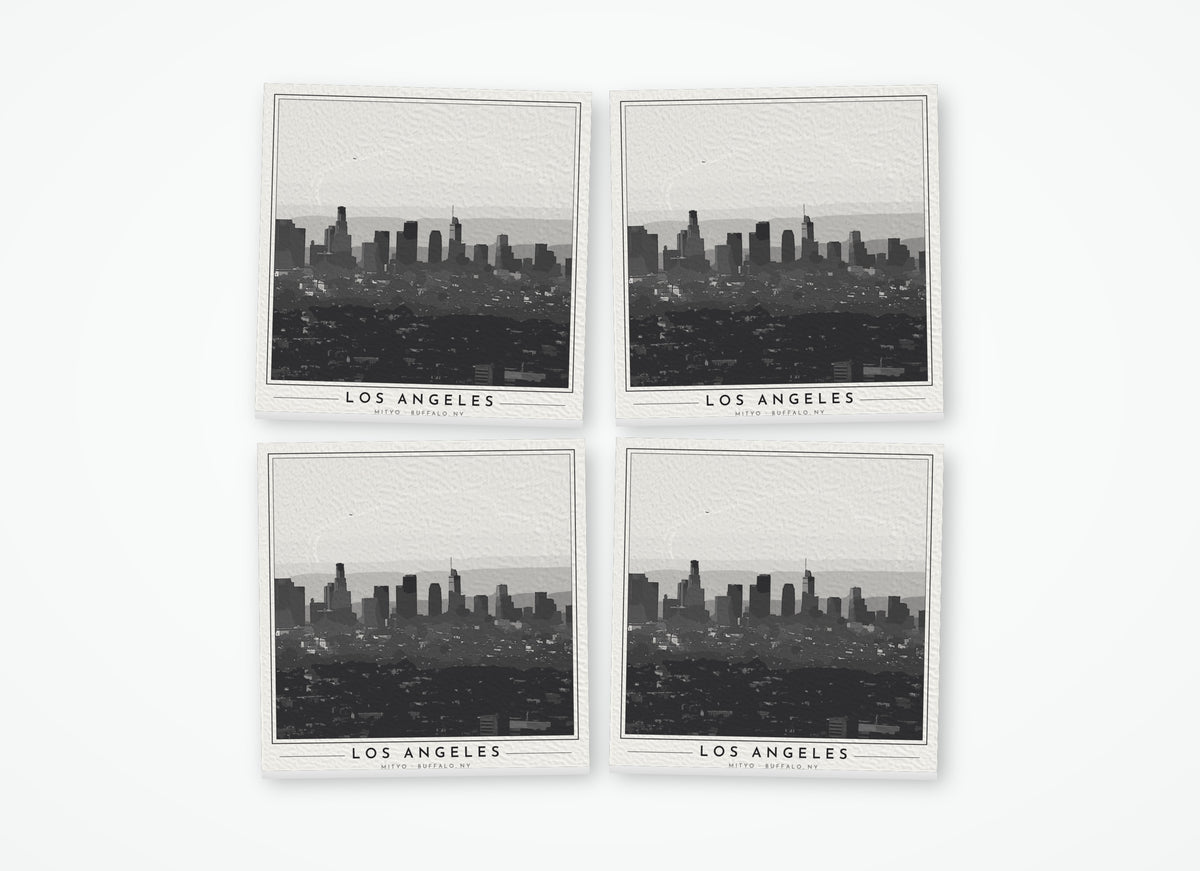 Set of 4 poster-style coasters of the downtown Los Angeles skyline, black-and-white