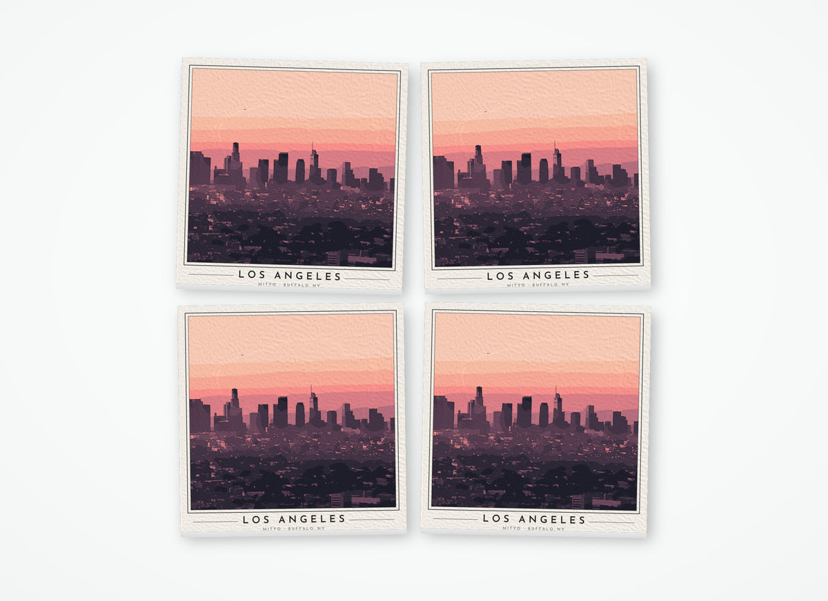 Set of 4 poster-style coasters of the downtown Los Angeles skyline, full-color