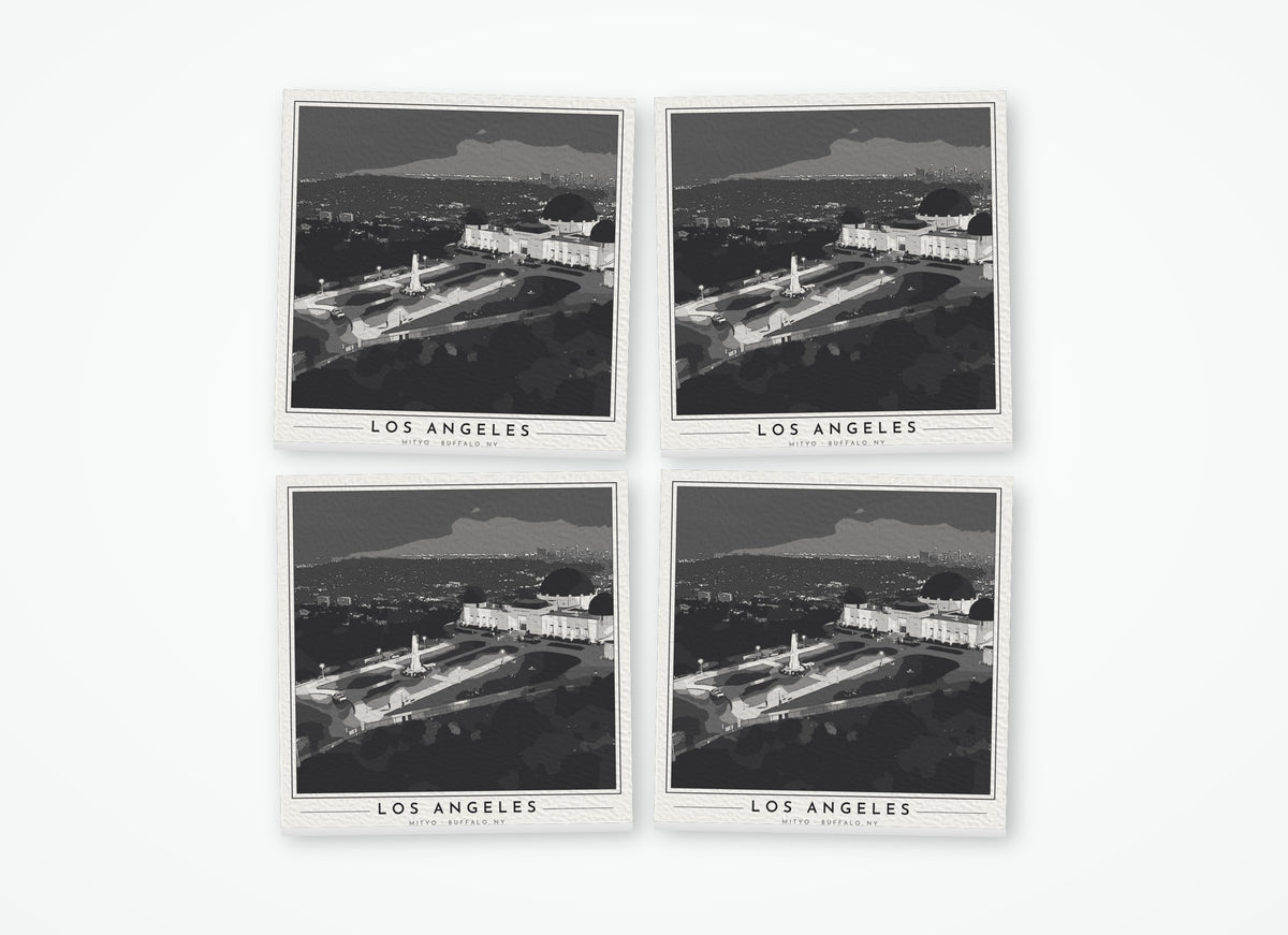 Set of 4 poster-style coasters of Griffith Observatory in Los Angeles, black-and-white