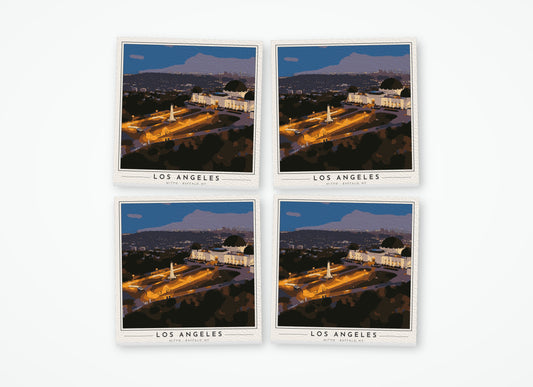 Set of 4 poster-style coasters of Griffith Observatory in Los Angeles, full-color
