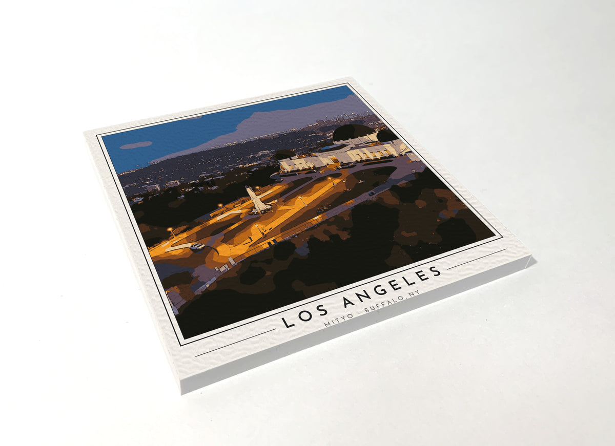 Square poster-style coaster of Griffith Observatory in Los Angeles, full-color