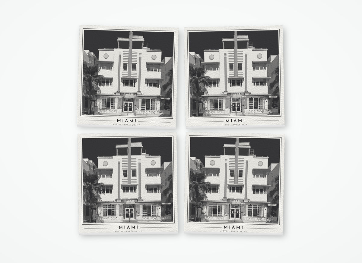 Set of 4 poster-style coasters of a pastel Art Deco hotel facade in South Beach, Miami Beach, black-and-white