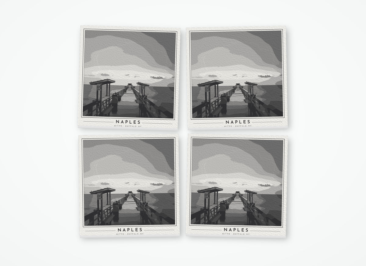 Set of 4 poster-style coasters of the Naples Pier stretching into the Gulf of Mexico at sunset, black-and-white