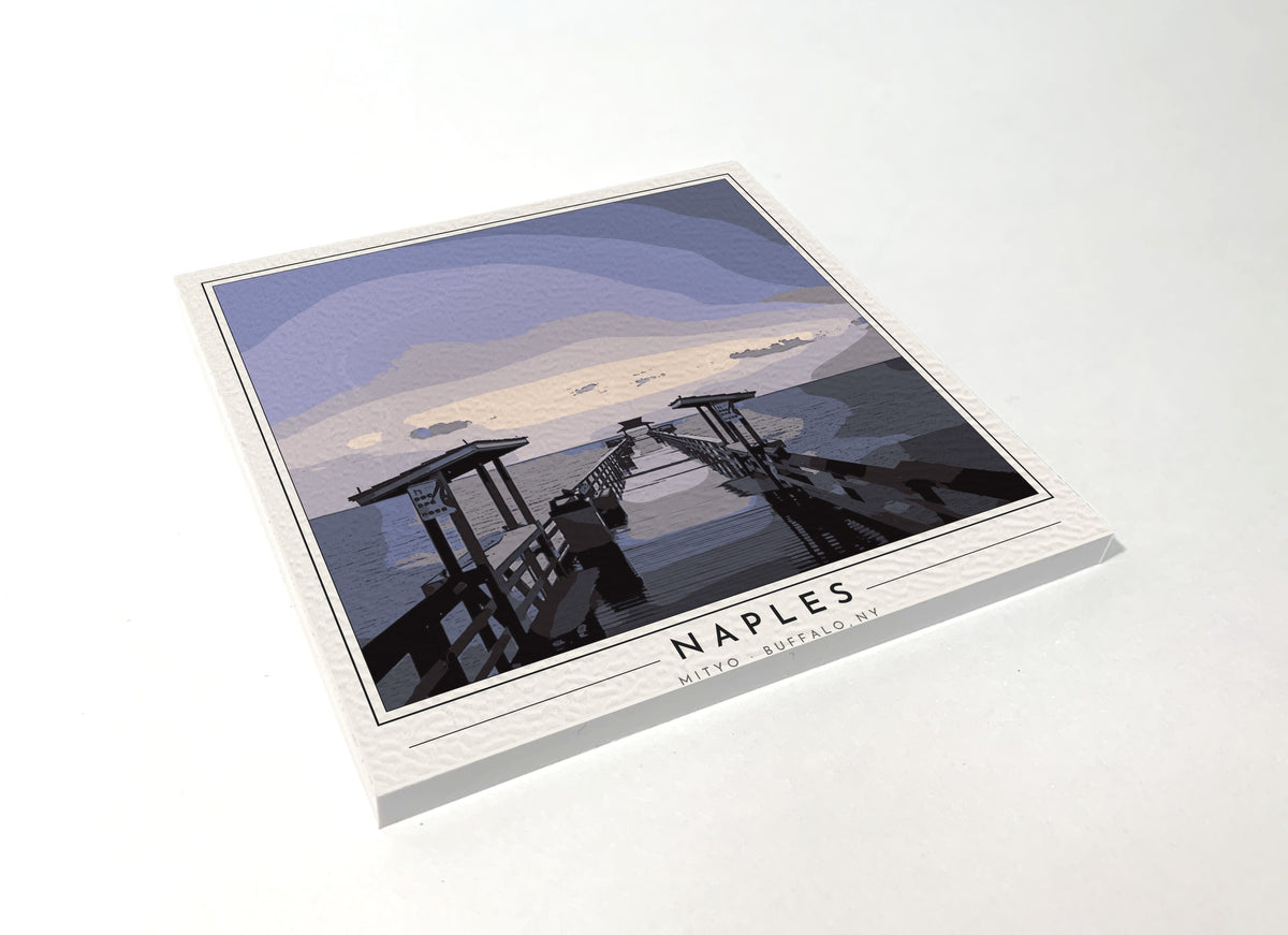 Square poster-style coaster of the Naples Pier stretching into the Gulf of Mexico at sunset, full-color