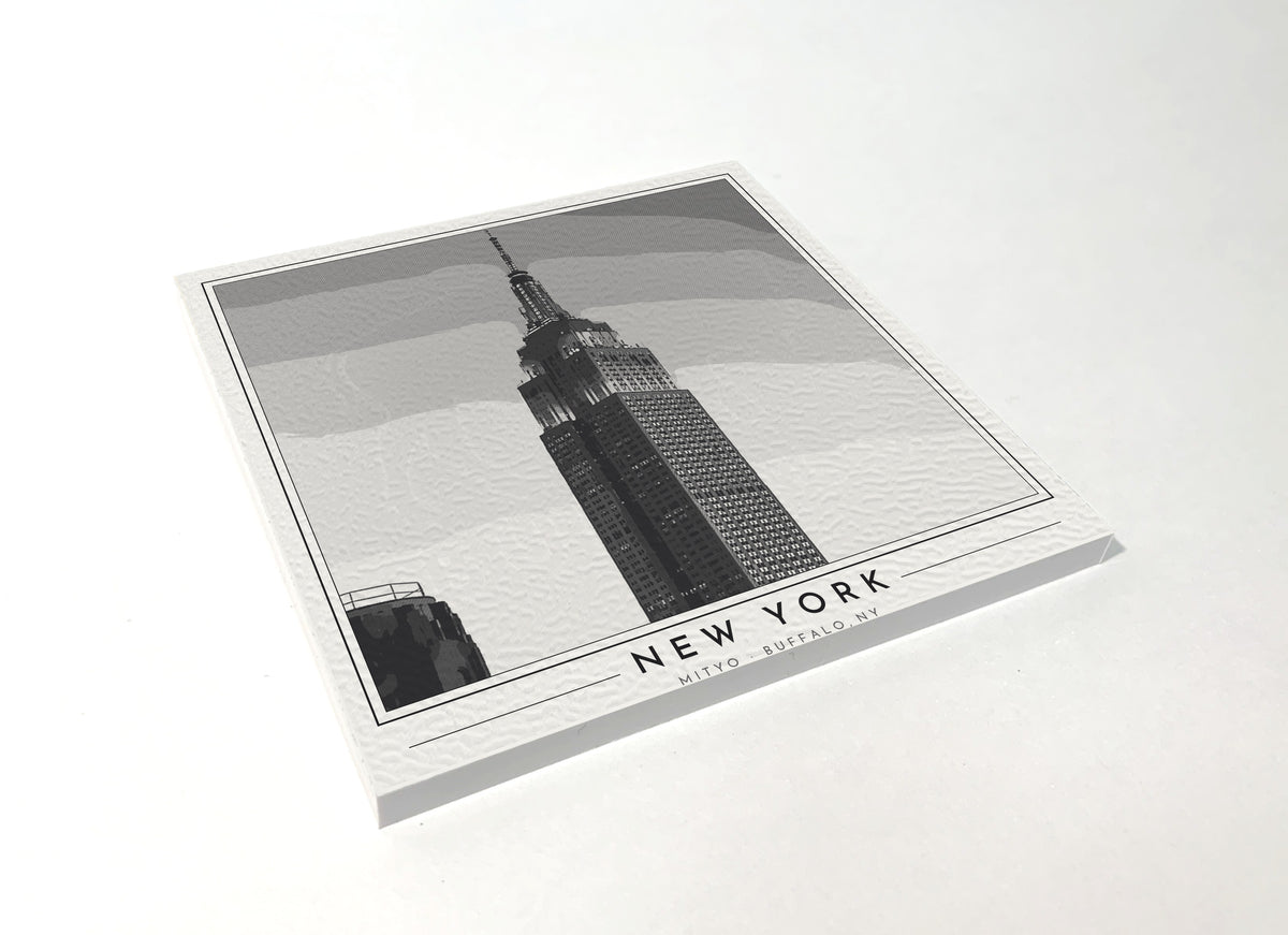 Square poster-style coaster of the Empire State Building in New York, black-and-white