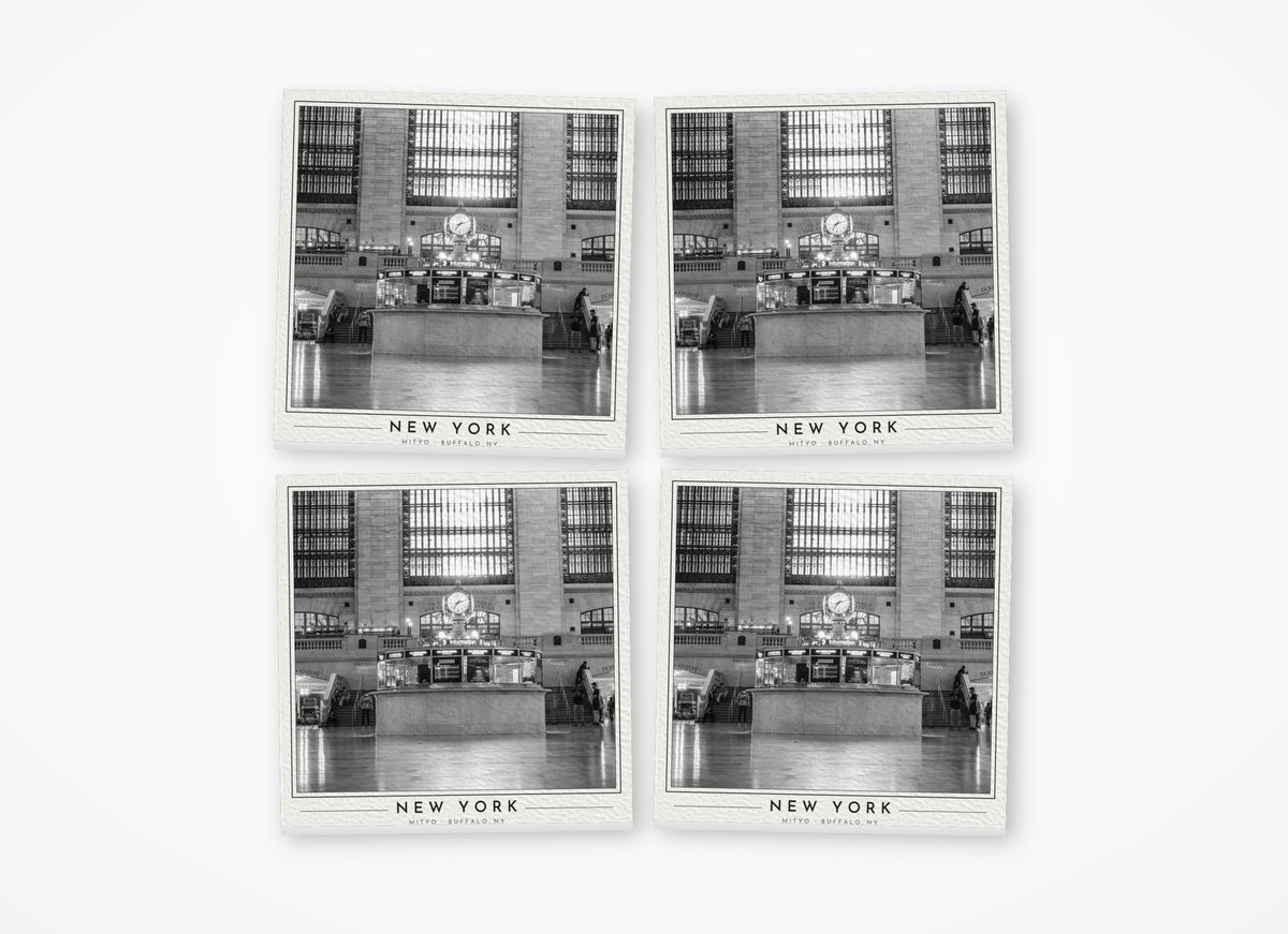 Set of 4 poster-style coasters of the clock at Grand Central Terminal, black-and-white