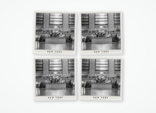Set of 4 poster-style coasters of the clock at Grand Central Terminal, black-and-white