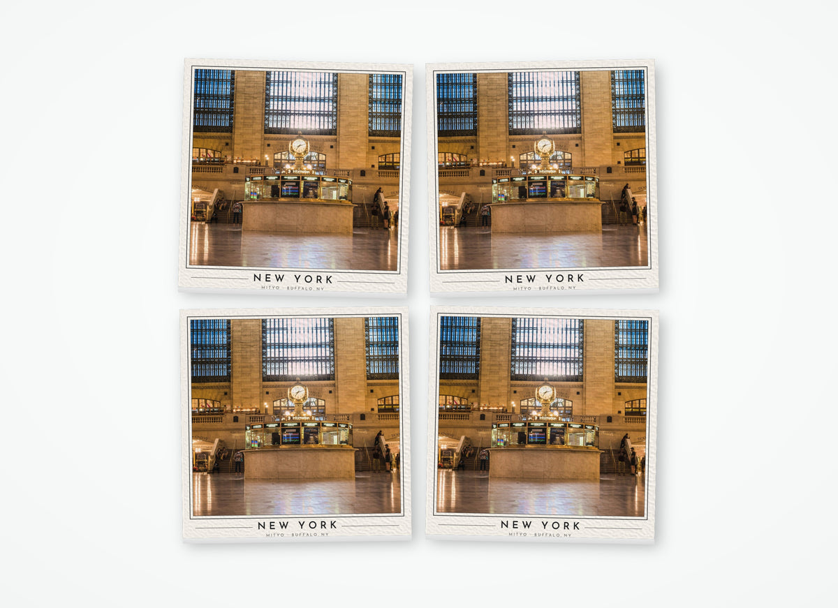 Set of 4 poster-style coasters of the clock at Grand Central Terminal, full-color