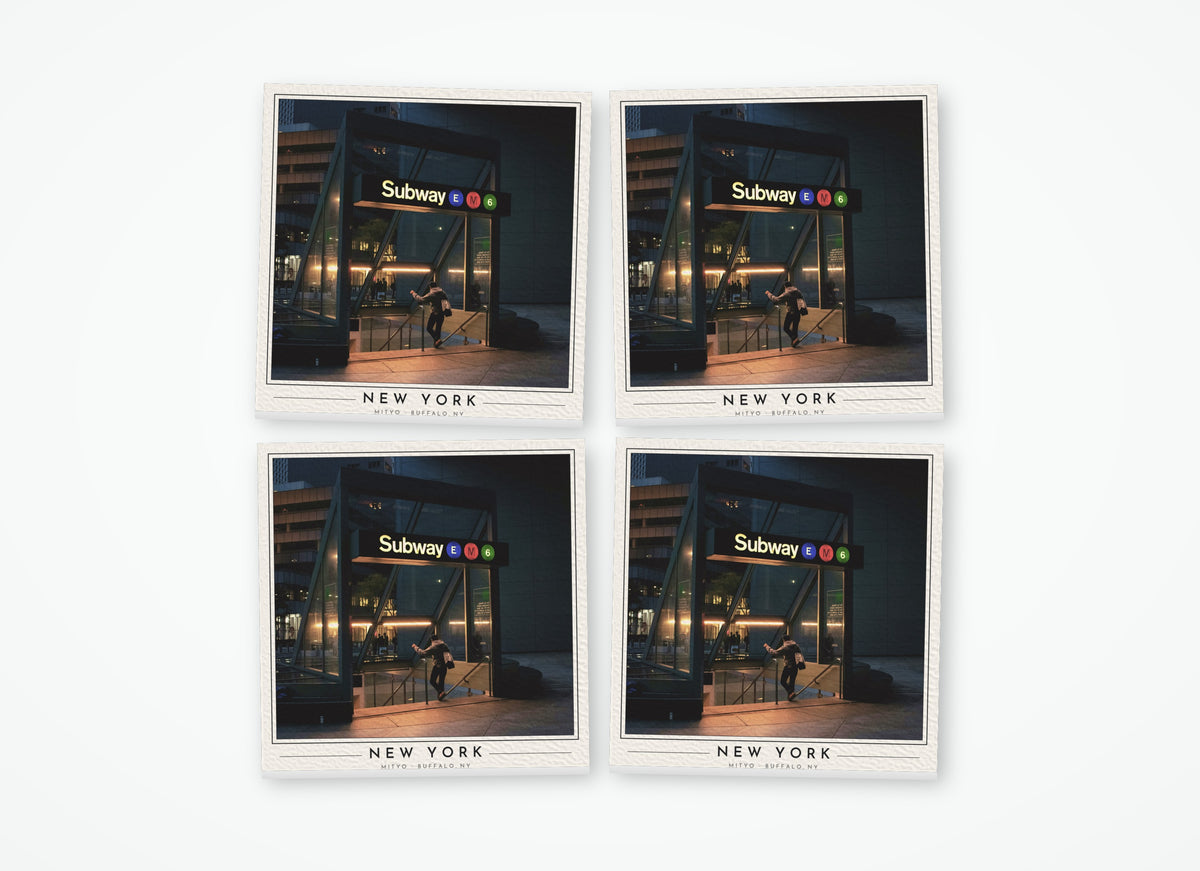 Set of 4 poster-style coasters of a New York City subway entrance, full-color