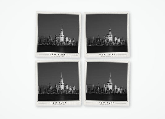 Set of 4 poster-style coasters of the Lower Manhattan skyline at night, black-and-white