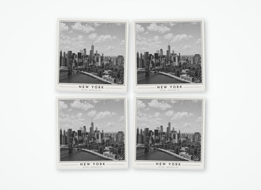 Set of 4 poster-style coasters of the Lower Manhattan skyline, black-and-white