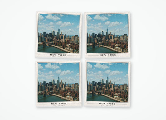 Set of 4 poster-style coasters of the Lower Manhattan skyline, full-color