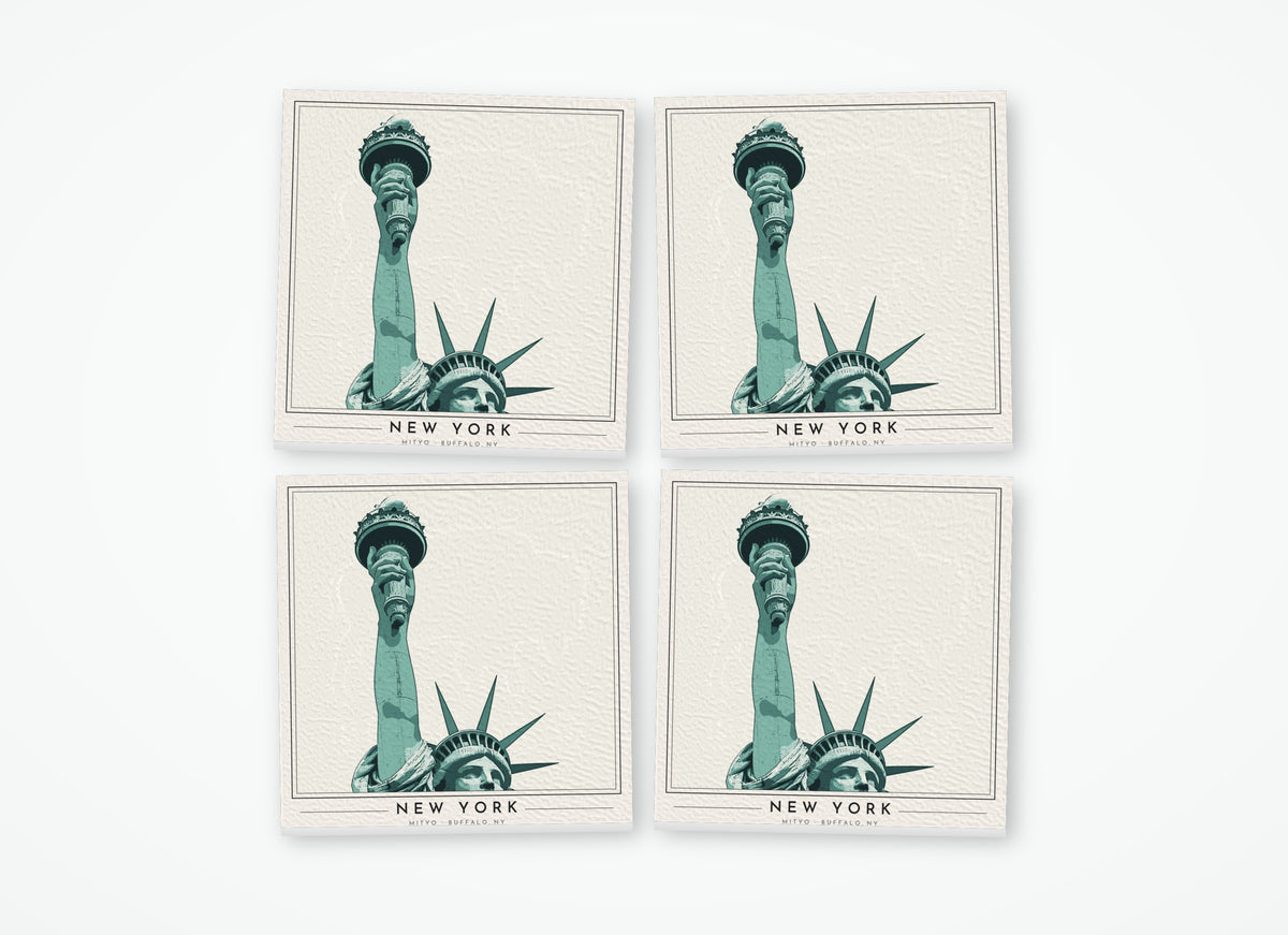 Set of 4 poster-style coasters of the Statue of Liberty in New York, full-color