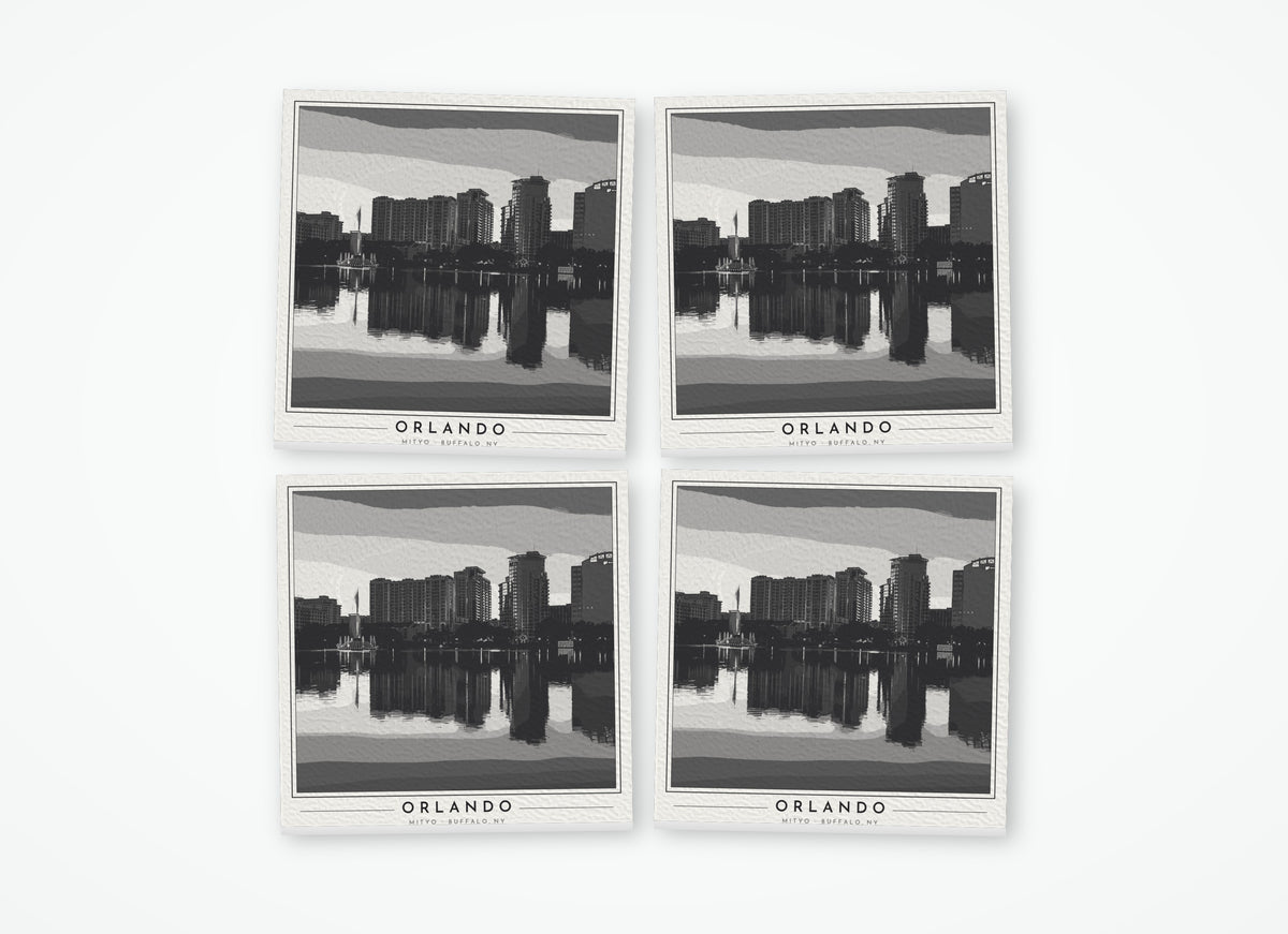 Set of 4 poster-style coasters of the downtown Orlando skyline reflected in Lake Eola, black-and-white