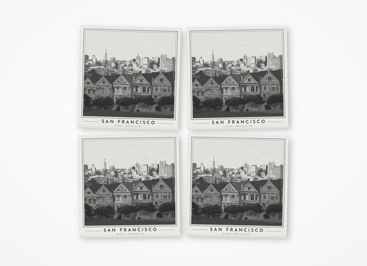 Set of 4 poster-style coasters of the Painted Ladies Victorian houses in San Francisco, black-and-white