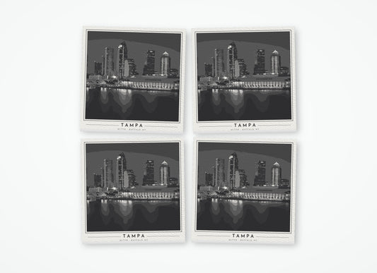 Set of 4 poster-style coasters of the downtown Tampa skyline at night along the Hillsborough River, black-and-white