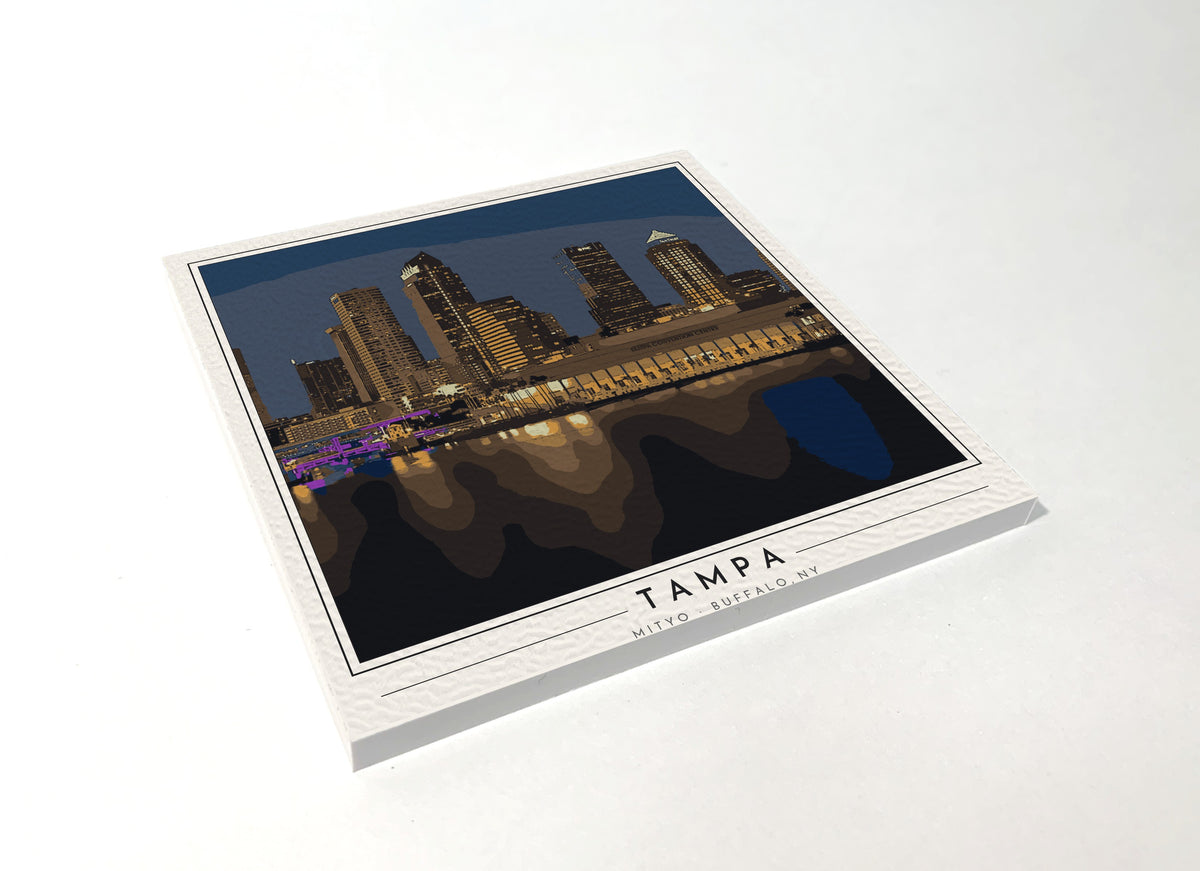 Square poster-style coaster of the downtown Tampa skyline at night along the Hillsborough River, full-color