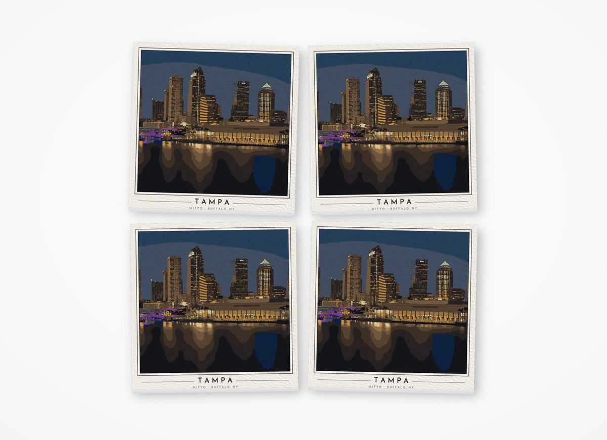 Set of 4 poster-style coasters of the downtown Tampa skyline at night along the Hillsborough River, full-color