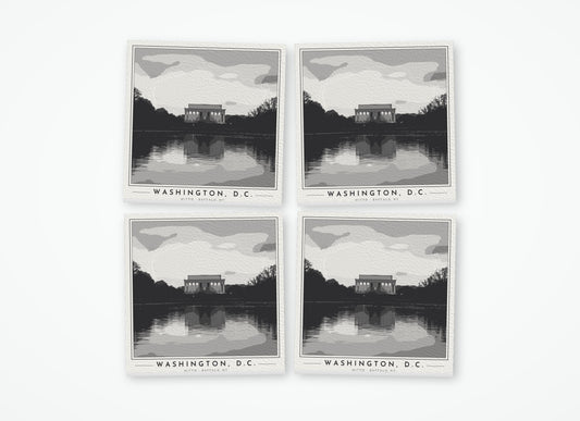 Set of 4 poster-style coasters of the Lincoln Memorial in Washington, DC, black-and-white
