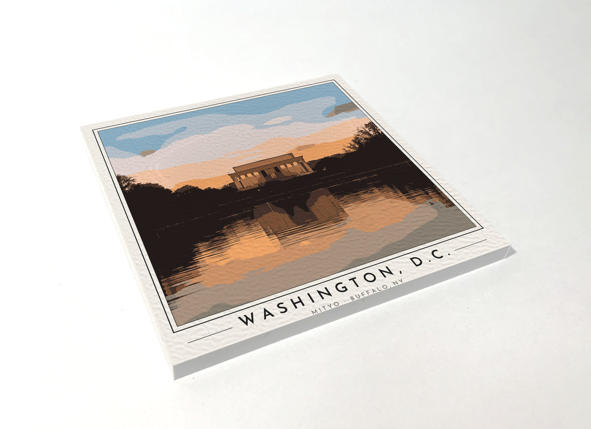 Square poster-style coaster of the Lincoln Memorial in Washington, DC, full-color