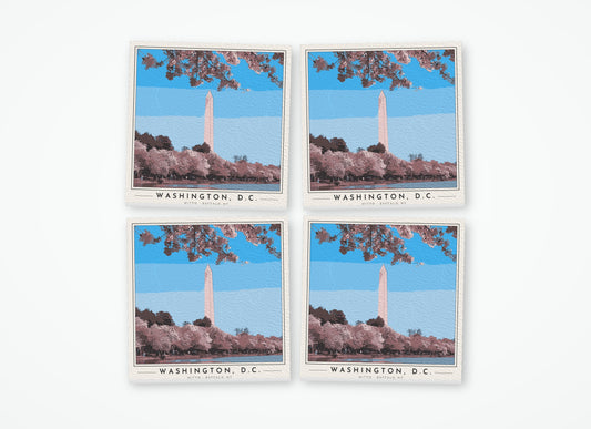 Set of 4 poster-style coasters of the Washington Monument framed by cherry blossoms, full-color