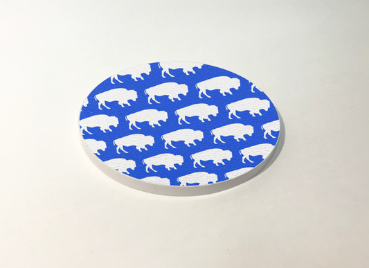 Blue and White Buffalo Pattern Circle Coaster Designed and Handcrafted in Buffalo NY