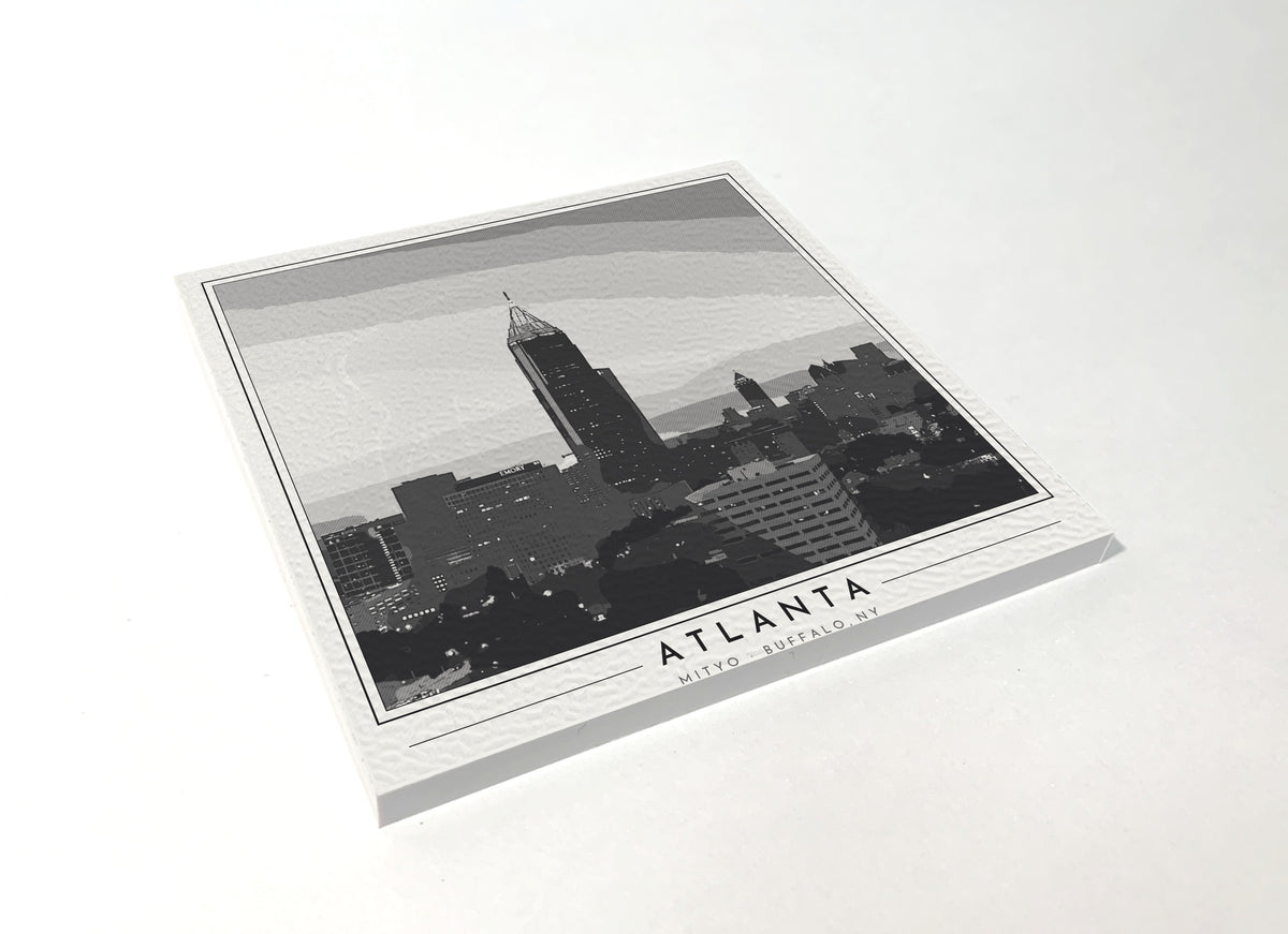 Square poster-style coaster of the Midtown Atlanta skyline, black-and-white