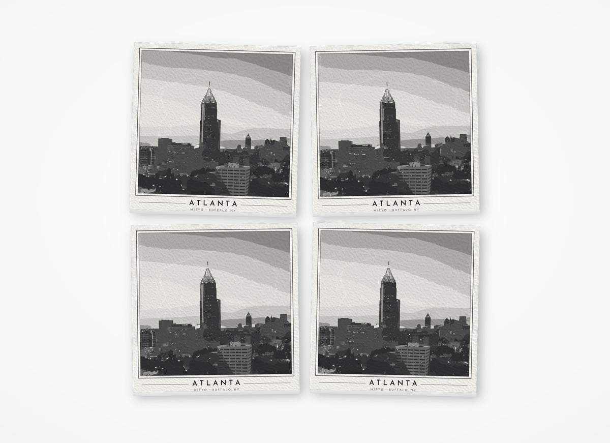 Set of 4 poster-style coasters of the Midtown Atlanta skyline, black-and-white