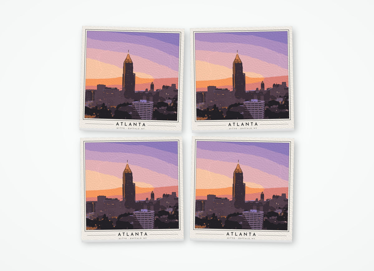 Set of 4 poster-style coasters of the Midtown Atlanta skyline, full-color