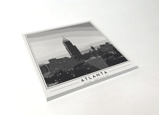 Square poster-style coaster of the Midtown Atlanta skyline, black-and-white