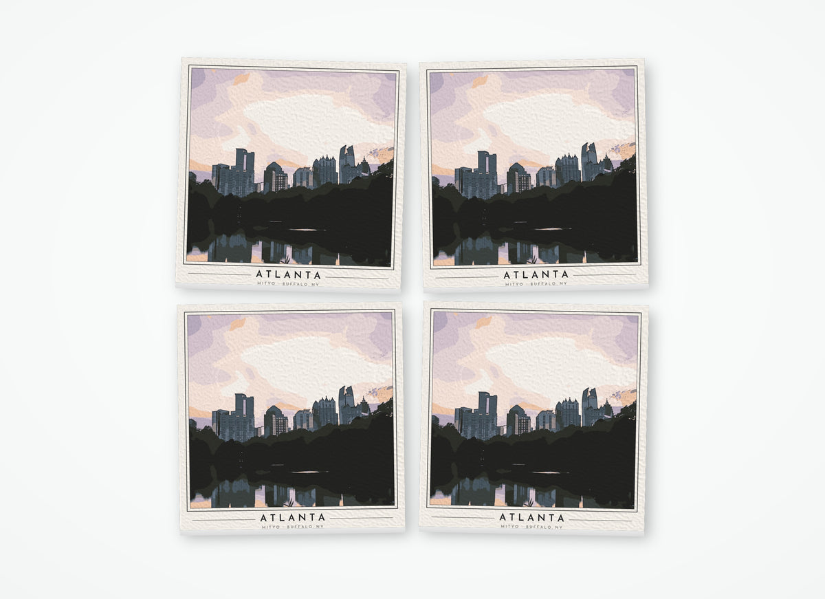 Set of 4 poster-style coasters of the Atlanta skyline from Piedmont Park, full-color
