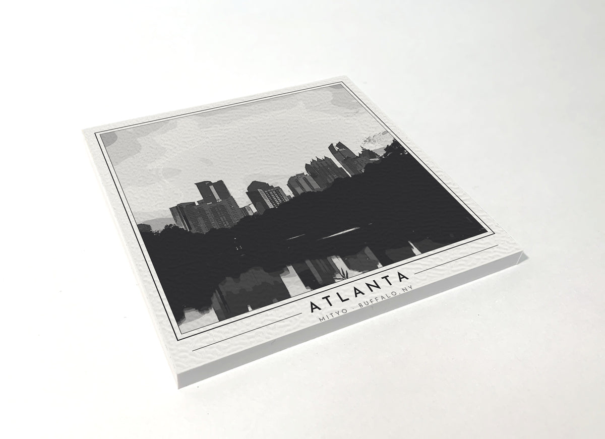 Square poster-style coaster of the Atlanta skyline from Piedmont Park, black-and-white